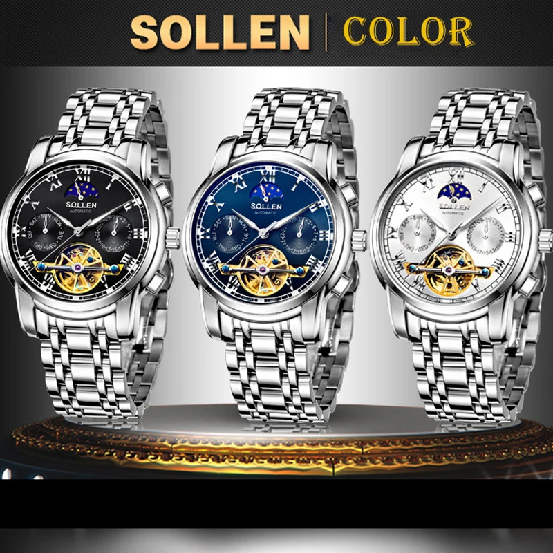 Роскошные мужские механические часы SOLLEN автоматические многофункциональные
