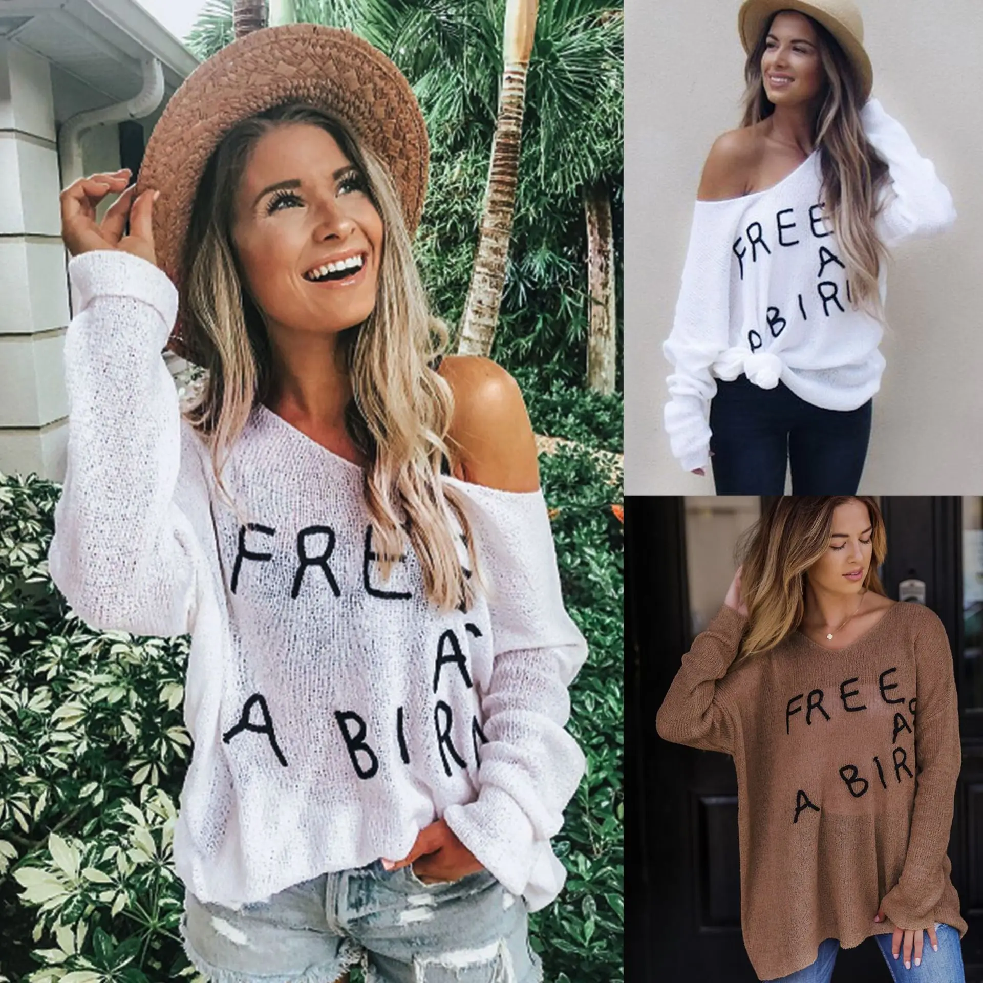 Осень 2019 женская одежда с буквенным принтом вышивка v образный вырез свободный