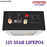 12v 55ah lifepo4 battery pack inverter lithium iron rechargeable with bms 12v to 220 350w for outdoor camping
