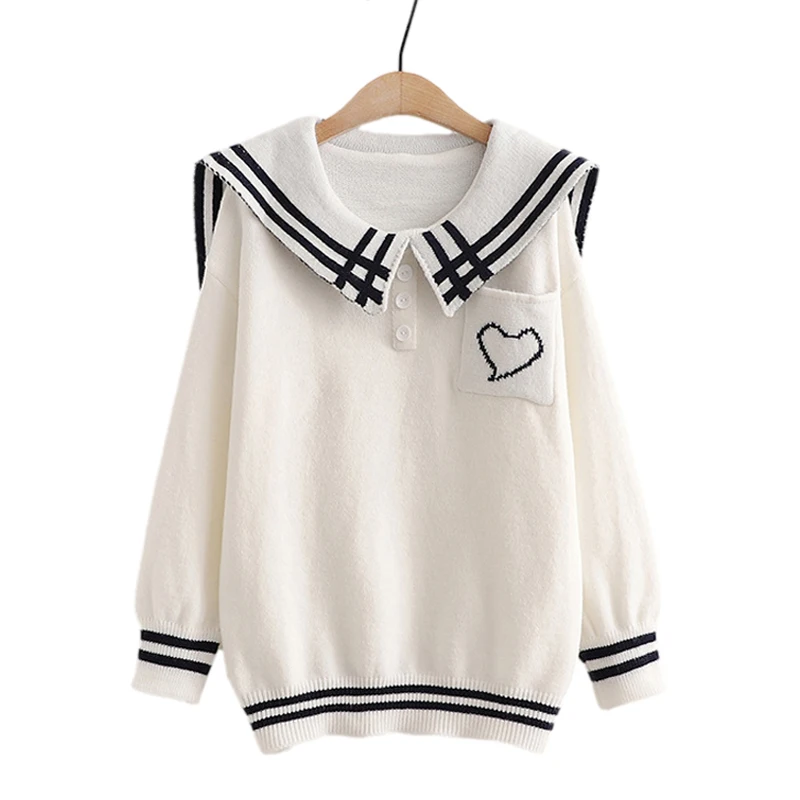 

Autumn Korean Fashion Kawaii Heart Sweater Women Cute Knitted Hoodie Sailor Collar Jumper Girls Japanese Vintage Stripe Pullover