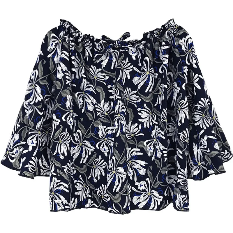 

Summer Sexy Women Slash Neck Blouse Floral Print Off Shoulder Chiffon Blouse Flare Sleeve Vintage Blusas