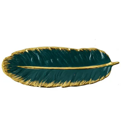 

Ceramic Platter Storage Tray with Glod Rim Green Leaf Glod Feather Jewelry Makeup Brush Storage Decorative Sushi Plate