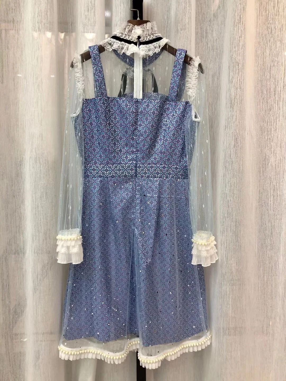 

Runway High Women End Prom Dress Long Sleeve Perspective Lace Patchwork Blue Beading Party Robe Mujer Festa Vestido