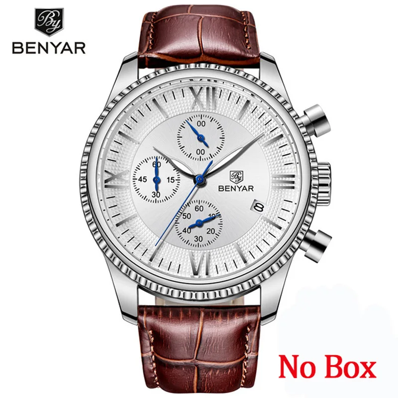 Silver No Box BENYAR, мужские часы, модные/спортивные/кварцевые часы, мужские наручные часы, мужские часы, Топ бренд, роскошные кожаные часы для мужчин, Relogio Masculino - Цвет: Silver No Box