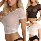 Кроп-топ женский прозрачный, пикантная футболка, нижнее белье, бюстгальтер с короткими рукавами, прозрачная сетчатая уличная одежда