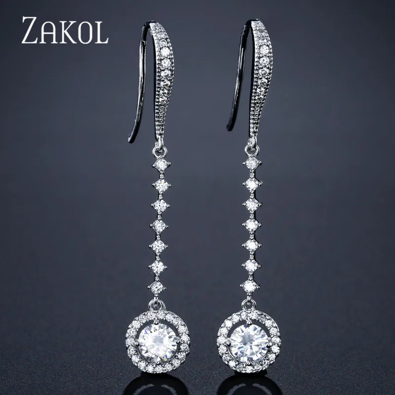 ZAKOL модные круглые циркониевые длинные серьги на крючках для женщин вечерние