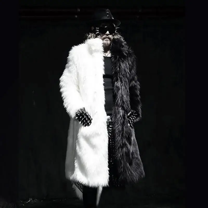 

2021 New Mens Fashion Winter Punk Rock Fur Coat Hooded Long Jacket Black White Patchwork Faux Fur Overcoat Men Fur Coat Cardigan