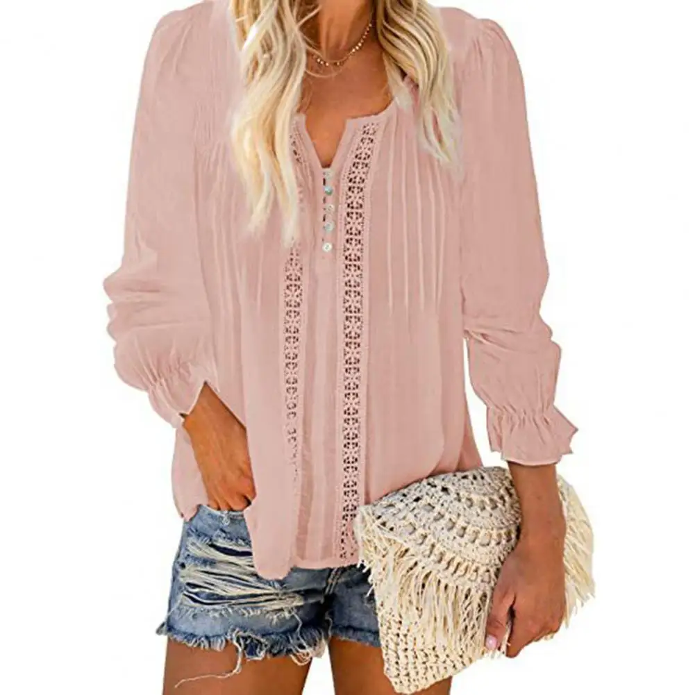 

Office Lady Blouse Shirt Lace Patchwork Hollow Out Little V Neck Lantern Long Sleeve Buttons Women Elegant Blouses Top