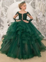 2021 green first communion dresses kids evening applique beads long girls pageant party lace tulle flower girl gown