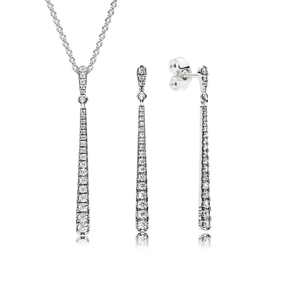 

NEW 100% 925 Sterling Silver Elegant Sparkling Crystal Zircon SHOOTING STARS HANGING EARRINGS Necklace Set Original Jewelry