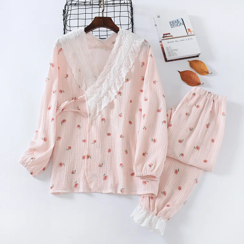 

Ночная рубашка в японском стиле, Женская домашняя одежда из чистого хлопка на весну и осень, тонкая Удобная дышащая Пижама на шнуровке, женская пижама