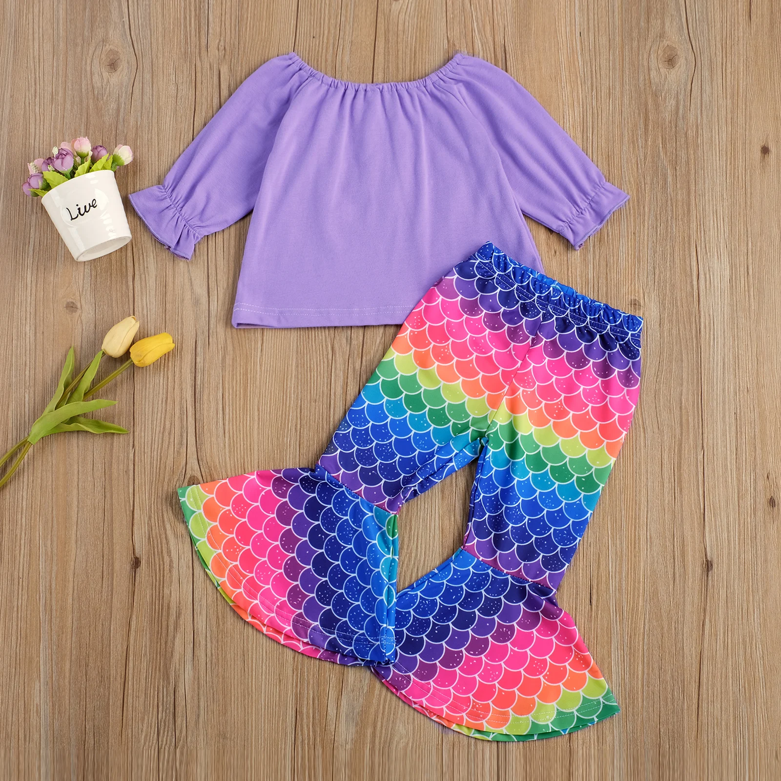 

2020 New Fall Autumn 1-7Y Toddler Kids Baby Girl 2Pcs Set Patchwork Fish Purple Half Sleeve Top+Colorful Fish Scale Flared Pants