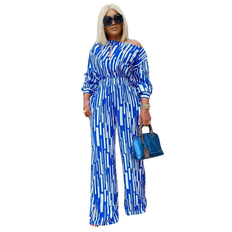 

Casual Striped Plus Size Sets Two Piece Set Women Outfits Loose Long Sleeve Top and Wide Leg Pants Suit Vestidos 2021 African