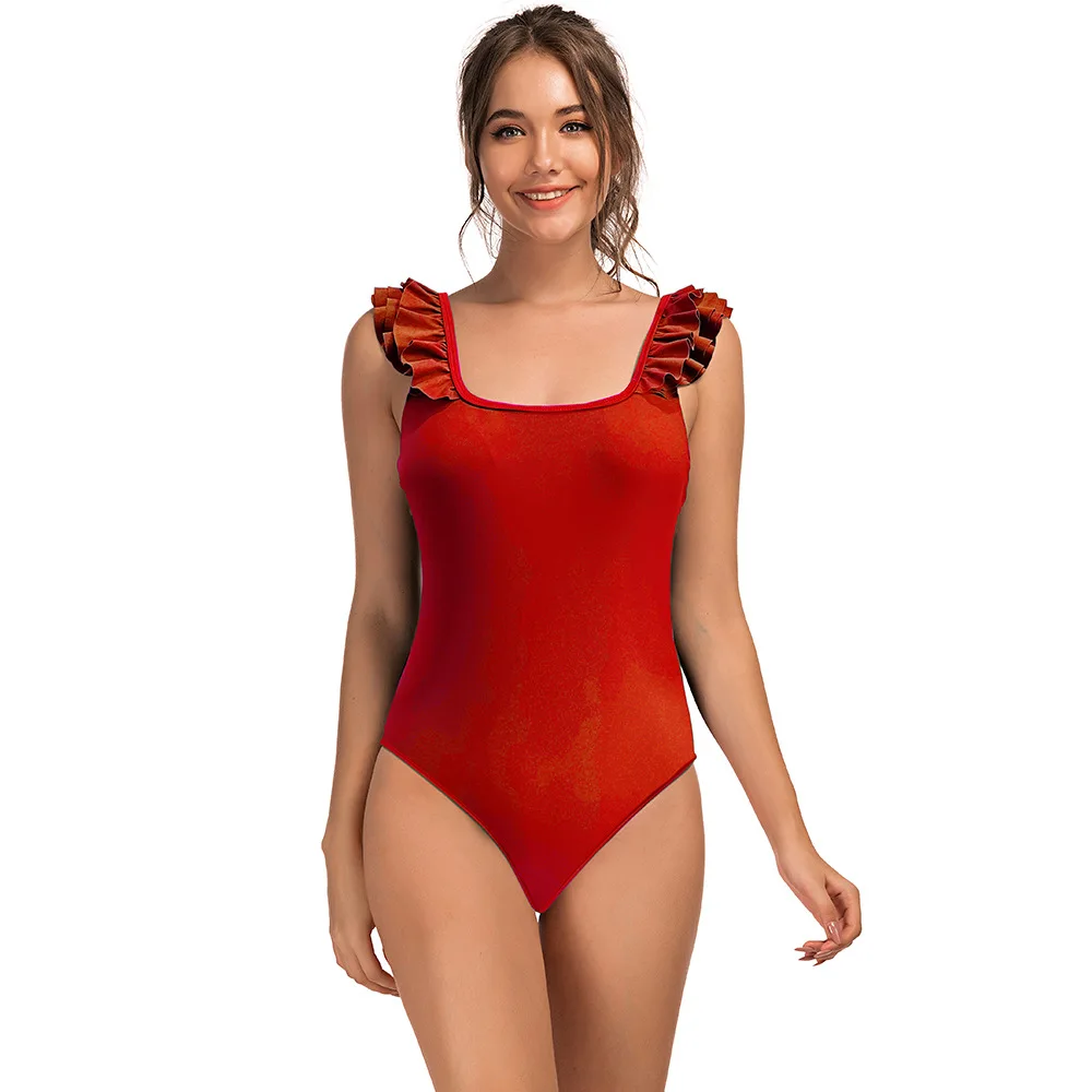 

2020 new multi layer Ruffle swimsuit with shoulder strap one piece swimsuit solid swimsuit