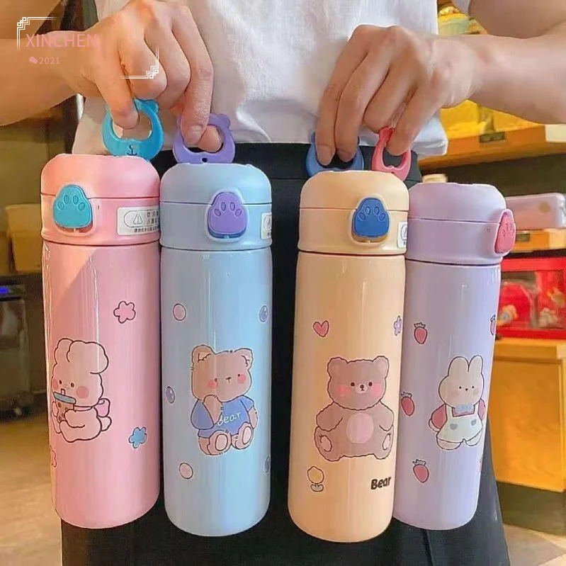 

XINCHEN 500Ml Cartoon Thermos Thermos Double Wall Tumbler Handle Children Water Bottle With Straw Vacuum Flask Water Bottle