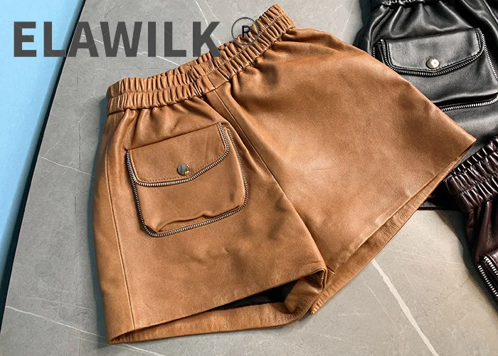 

Autumn Winter Fashion Women's High Quality Sheepskin Genuine Leather Elastic Waist Wide-leg Short pants C861