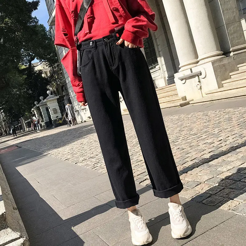 

New style black jeans women straight pants loose students spring and autumn high waist thin wide leg pants pants