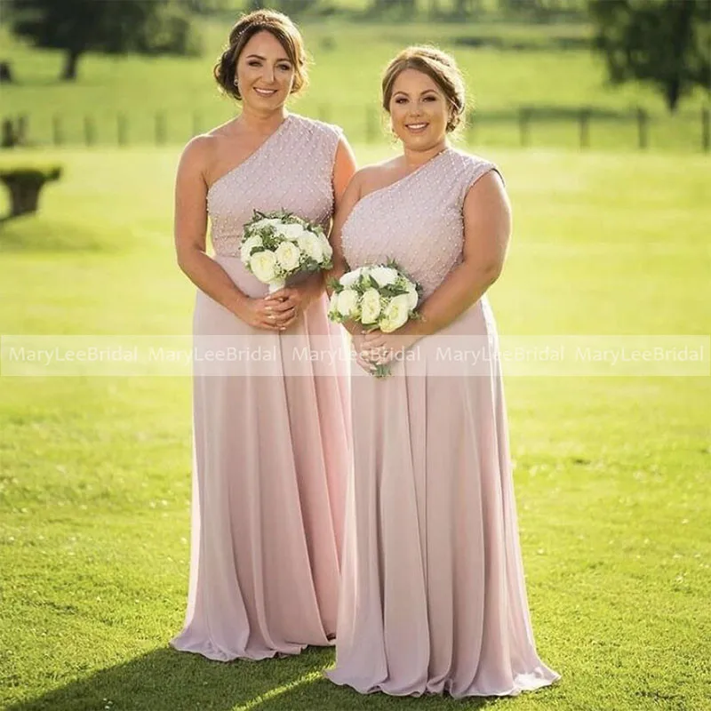 

Luxury Pearls Dusty Pink Chiffon Bridesmaid Dresses 2021 One Shoulder Women Long A-Line Wedding Guest Dress Party Vestidos