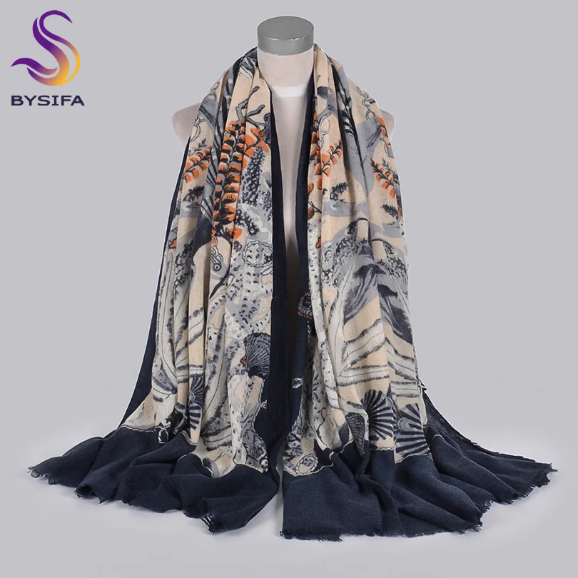 [BYSIFA] роскошный бренд, кофе, чистая шерсть, женские шарфы, пашмины, Осень-зима, хризантема, женский длинный шейный шарф, шаль 210*100 см - Цвет: grey blue
