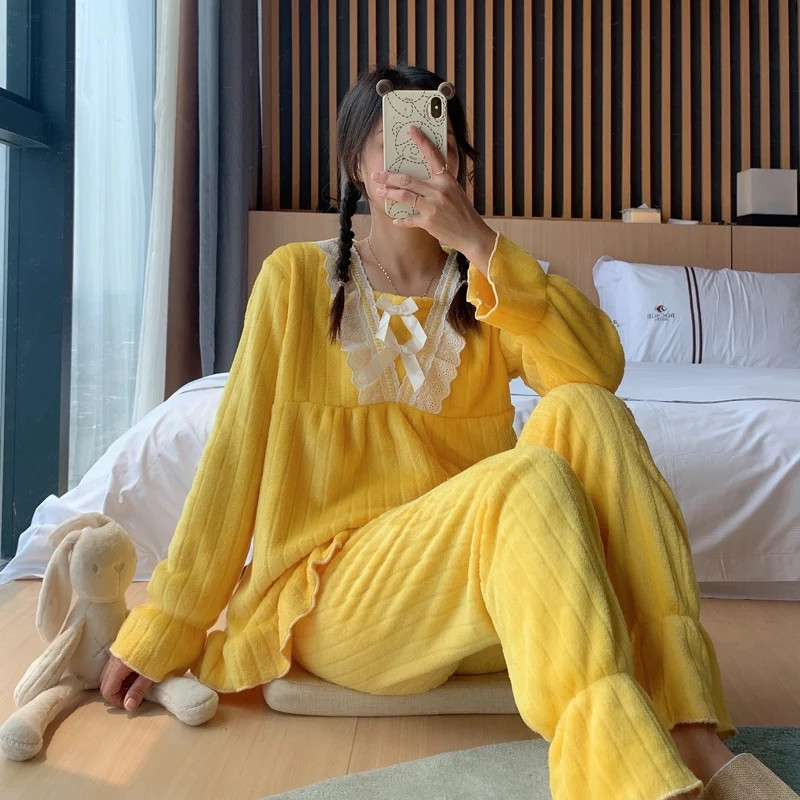 

2021 Winter Cute Lace Princess Thick Warm Long Sleeve Flannel Pajama Sets for Women Coral Velvet Sleepwear Homewear Home Clothes
