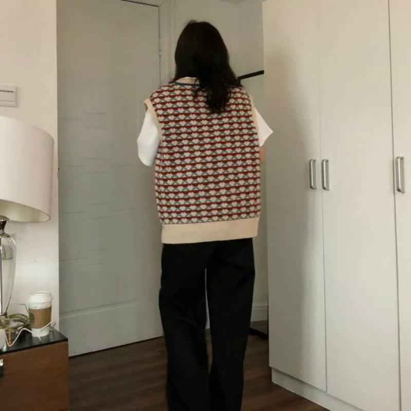 

Vest Women Patchwork All-match Sweaters Knitted Preppy-style Autumn Baggy Double Jacquard Female Loose Stylish