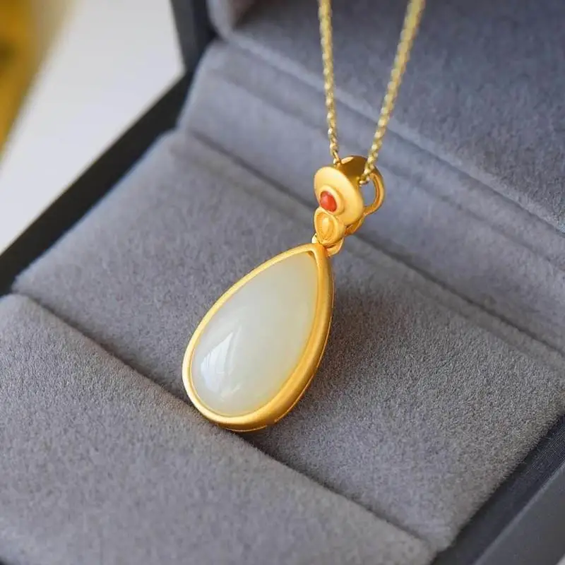 

Natural Hetian white jade water drop shaped pendant necklace small design exquisite charm elegant luxury women's Christmas gift