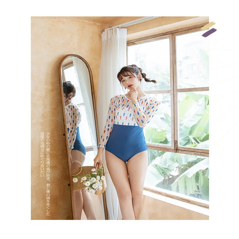 

South Korea Mesh Spliced Women's One-Piece Long Sleeve Sunscreen Swimsuit Conservative Style Thin Fresh Hot Spring Swimsuit