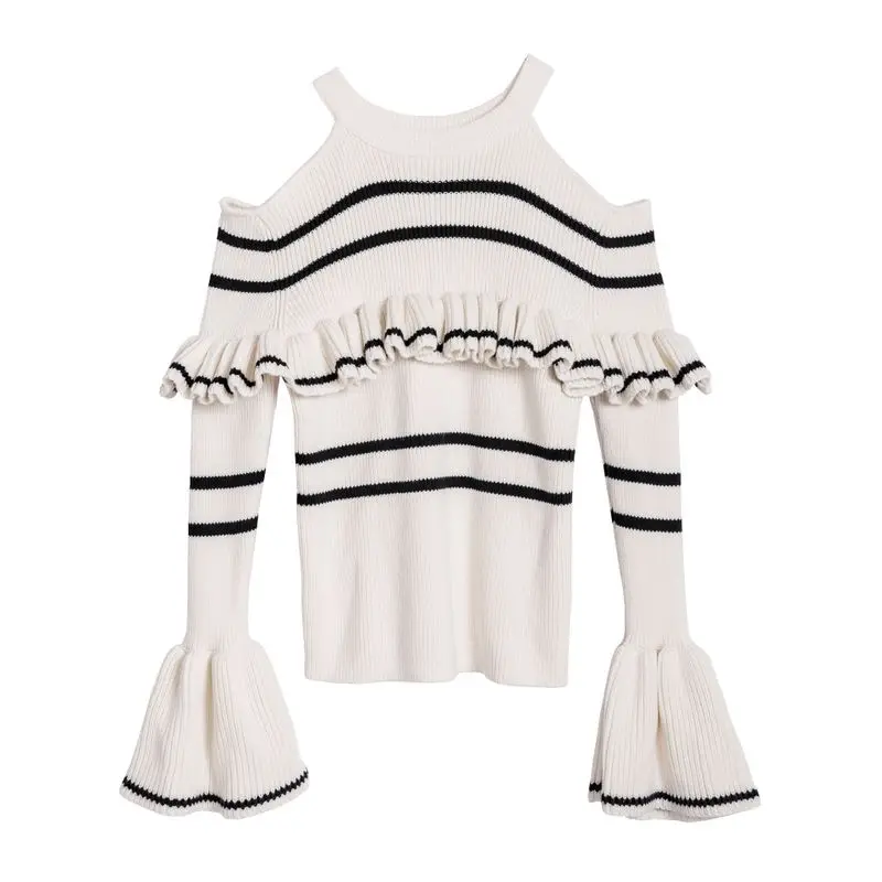 

New Retro horizontal stripe Ruffle off shoulder horn sleeve halter neck knitted sweater women s top