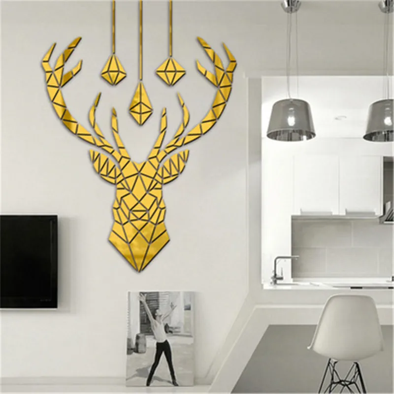 3D зеркальные настенные Стикеры с головой оленя декоративные акриловые наклейки