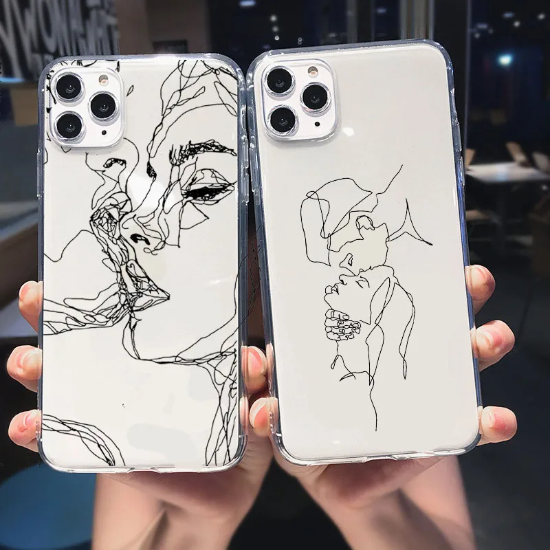 

Funny Abstract Women Face Line Soft Phone Case For iPhone 11 Pro Max 12 Pro SE 7 8 Plus XR XS Max X Kiss More Often Clear Cover
