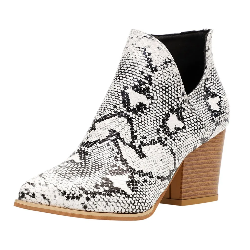 Женские ботильоны со змеиным принтом Обувь на молнии с острым носком ботинки