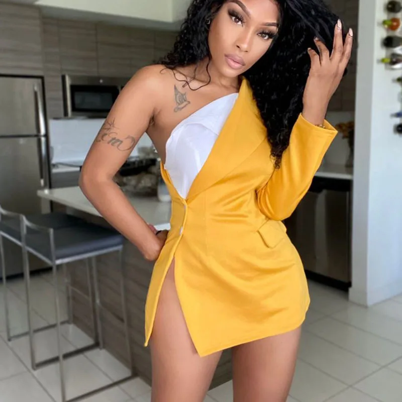 

Autumn Casual Fake Two Jacket Women One Shoulder Long Sleeve Chic Button Side Split Asymmetry Street Elegant Party Lady Y2K Coat