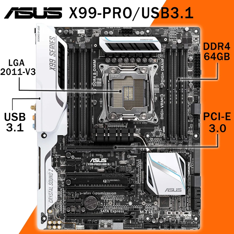 Материнская плата LGA 2011-V3 Asus X99-PRO/USB3.1 Intel X99 DDR4 3300(OC) МГц PCI-E 3 0 64 ГБ оверлок