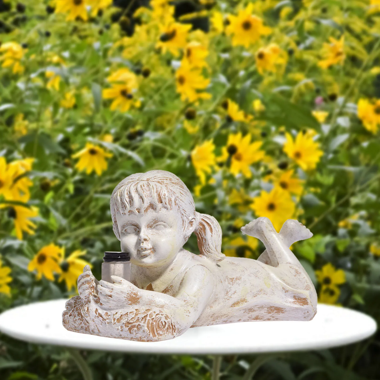 

Solar Garden Statue Outdoor Children Solar Lighted Firefly Jar Boy Girl Statue Decor LED Light Yard Figurines & Miniatures