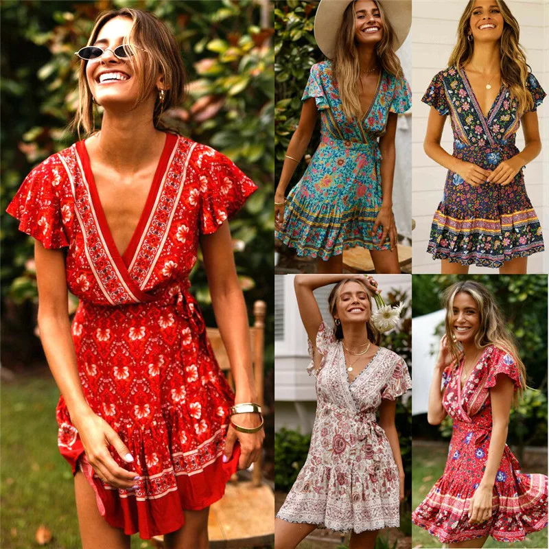

Women Vintage Short Sleeve Print V neck Boho Floral Mini Dresses Female Summer Holiday Sundress Elegant Holiday Beach Sundress