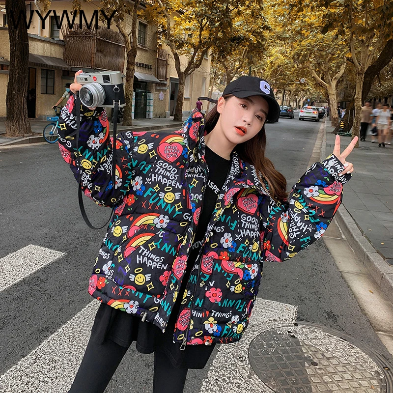 WYWMY Winter Down Jacket Women Print Padded Coat Female Fashion Style Zipper Outerwear Hooded Short Parka Mujer 2021 Oversized