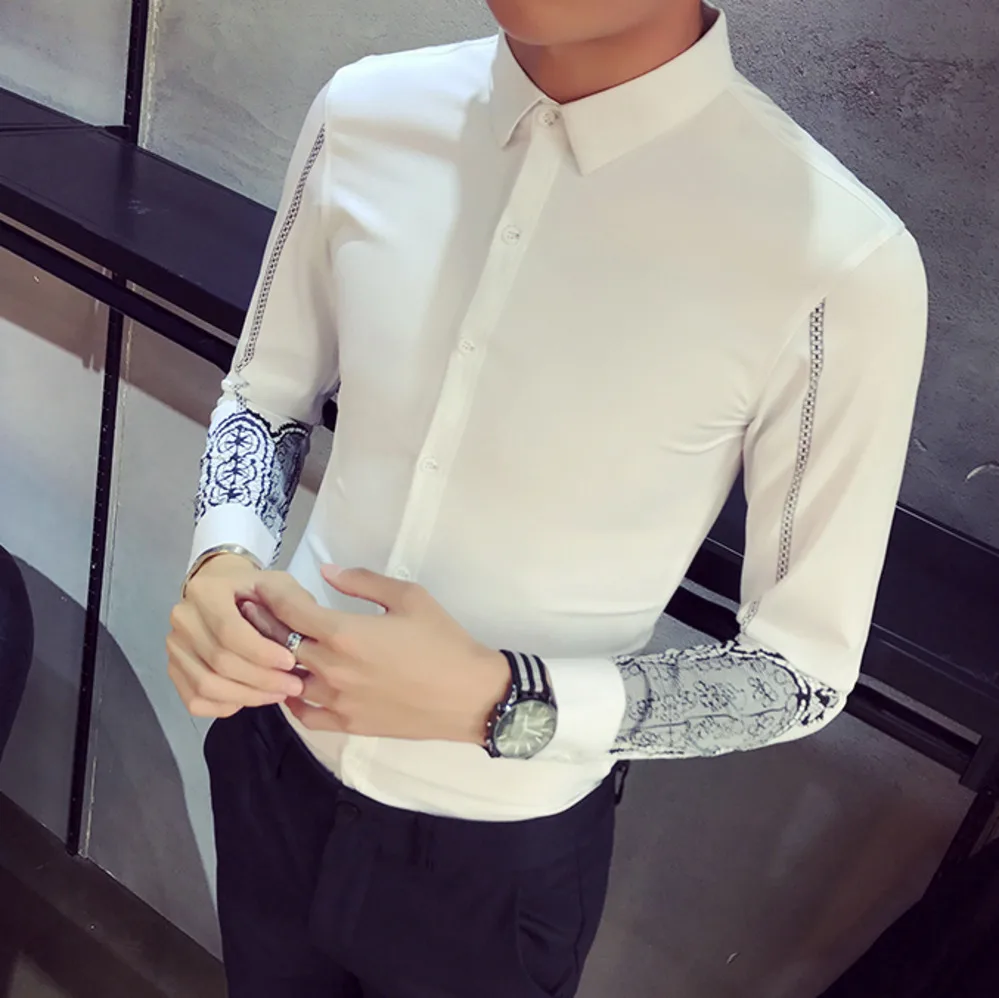 Мужские рубашки с длинным рукавом Дизайнерские повседневные принтом белые