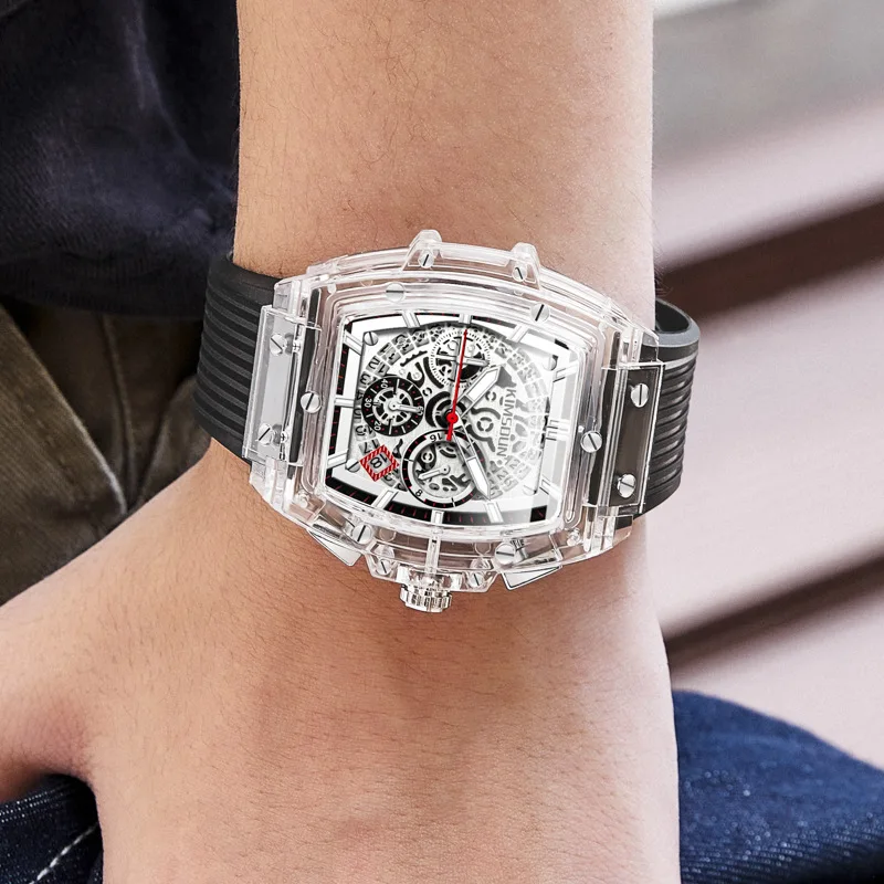 

KIMSDUN Top Brand Transparent Mens Quartz Chronograph Watches Luxury Sports Wine Barrel Shaped Silicone Waterproof Male Clock