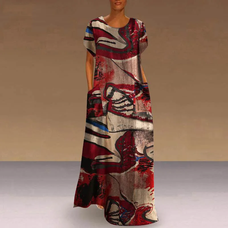

Spring Summer National Style Print Dress Women 2022 New Loose Casual Bohemian Pocket Maxi Dresses Female Large Size 4XL 5XL