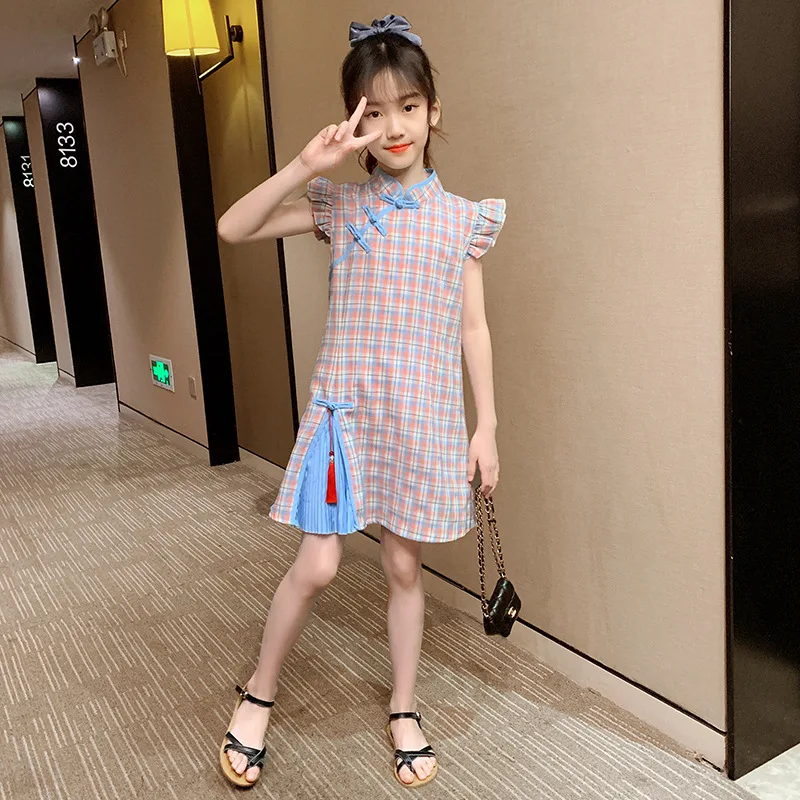 

2021 new children's clothing girls dress summer style big children national wind tassel retro cheongsam tide