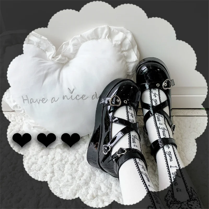 

Lolita Street Style Flat Platform Women's Shoes Cute Demon Ankle Straps Flats Goth College Students Girl Shoes Hart Metal Pink