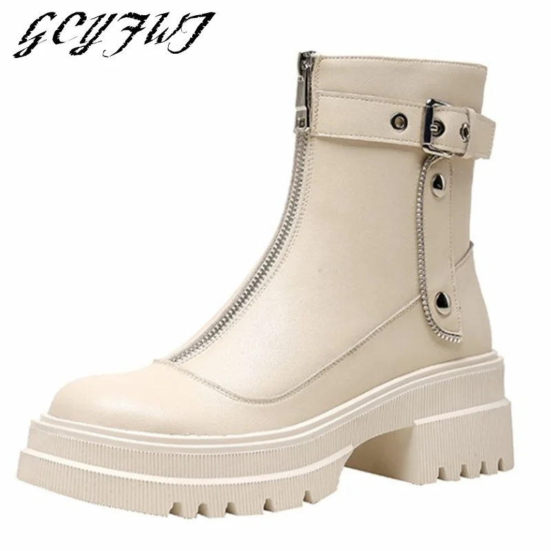 

Women's Mid Calf Boots Buckle Strap Zipper-Sid Flat Platform Ladies Boots Thick Bottom Low Heel Solid Color Fashion Female Shoes
