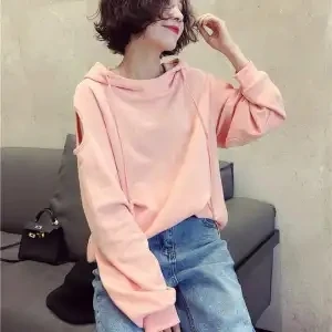 

[pure cotton] design sense minority off shoulder top for women's 2021 spring new Korean loose casual Hooded Sweater