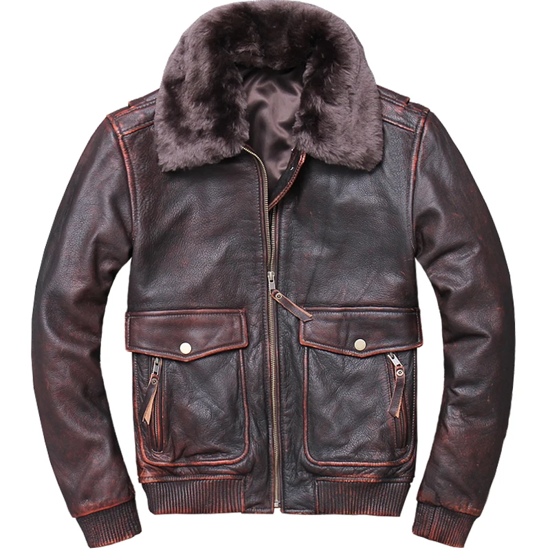 

2021 Vintage Brown Men USAF Pilot Leather Jacket Large Size 5XL Wool Collar Genuine Thick Cowhide Winter Military Aviation Coat