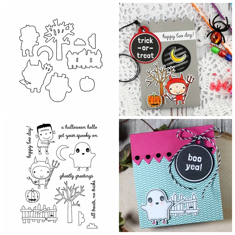 

Ghost Devil Fence Trunk Clouds Greeting Words Halloween Themed Cutting Dies Clear Stamps DIY Scrapbooking Craft Cards 2021 New
