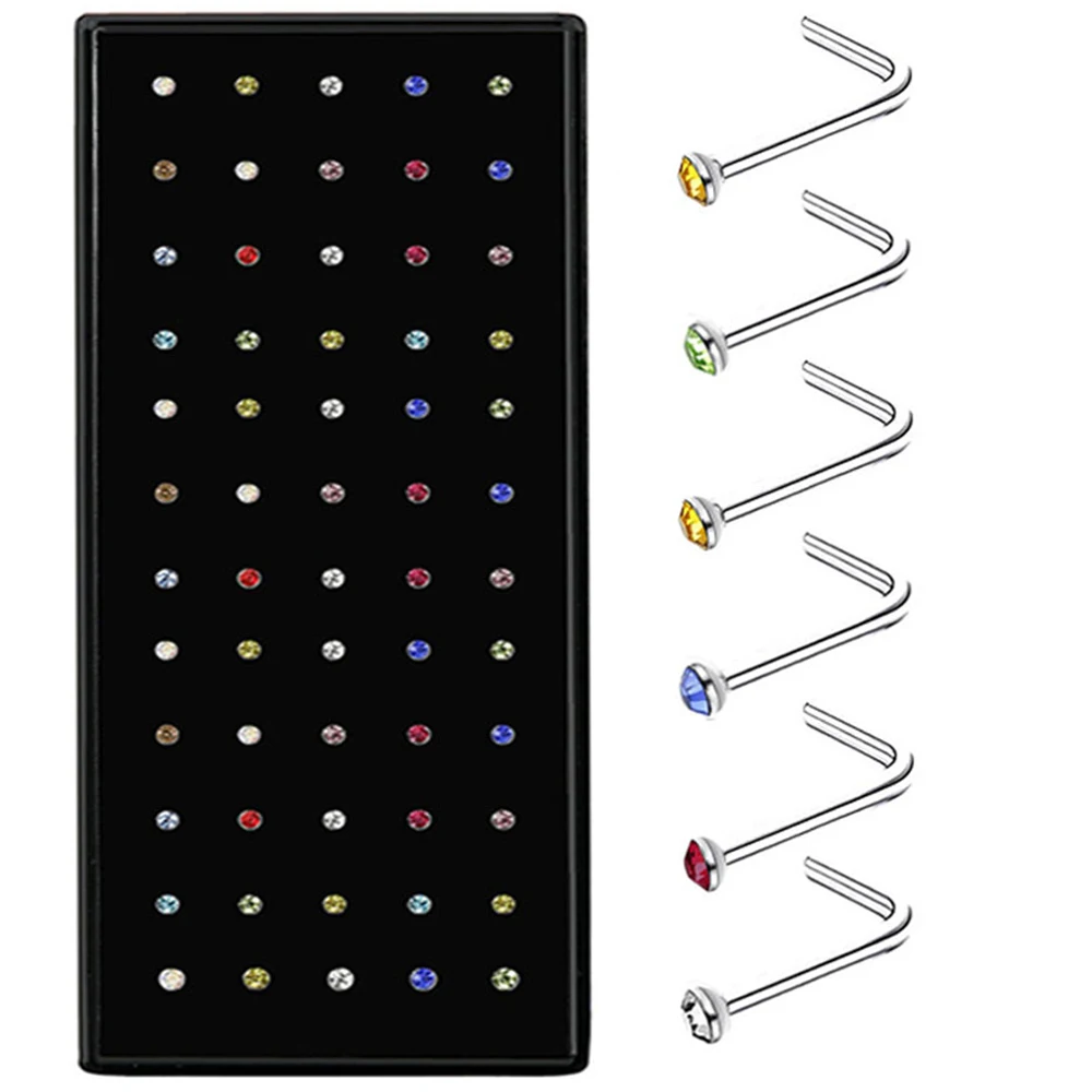 

60pcs Stainless Steel Crystal Nose Ring Set Unisex Colorful Surgical Steel Nose Piercing Punk Ear Bone Needle Studs Body Jewelry