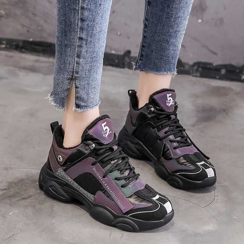 Fujin Sneakers Women Winter Plush Keep Warm High Heels Fashion Round Toe Bling Breathable Thick Bottom Lace Leisure Shoes | Женская обувь