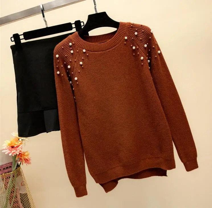 caramel colour Осенний Женский вязаный свитер с круглым вырезом в европейском стиле с жемчугом и бусинами,, с длинным рукавом, с разрезом сбоку, женские пуловеры, свитера, топы - Цвет: caramel colour
