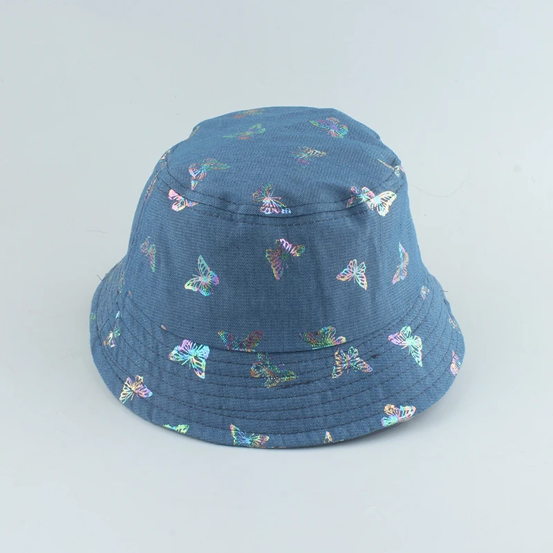

New Fashion Vintage Butterfly Print Fisherman Hat For Women Denim Cotton Bucket Hat Bob Hip Hop Cap Panama Sun Hats