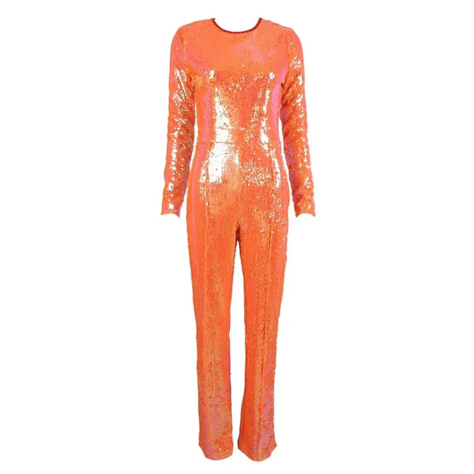 Новинка 2019 комбинезон Женский Блестящий Облегающий оранжевого цвета с длинными